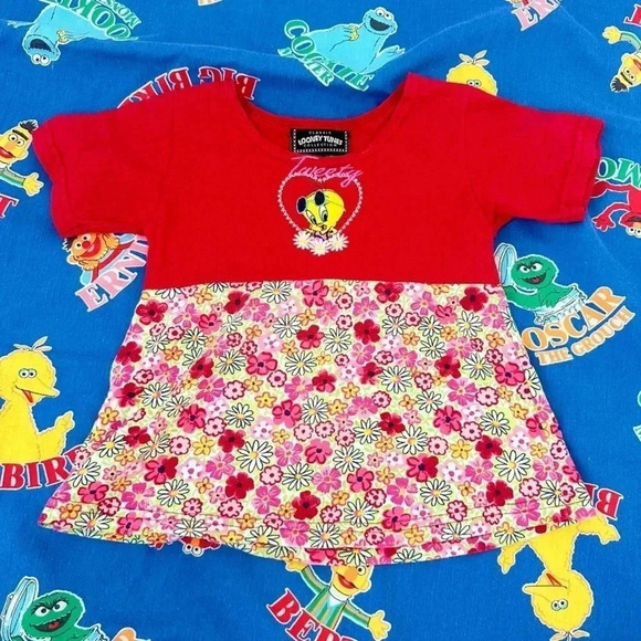 Vintage Kids Looney Tunes Tweety Bird Red Floral Dress Size 4T - Picture 2 of 5